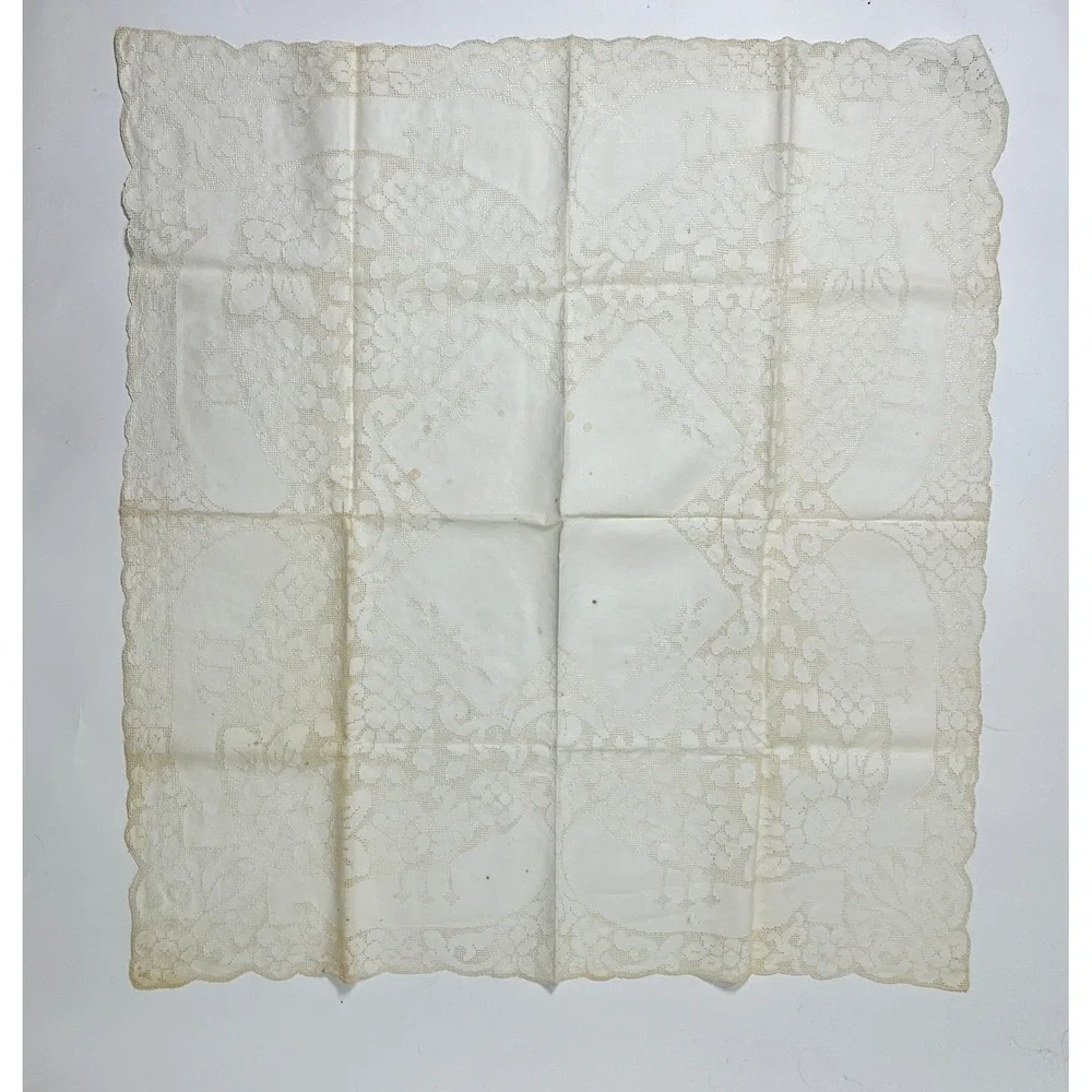 Vintage 1940s Pure Linen Tablecloth Napkins Set NOS Lace Floral White 7pc Set